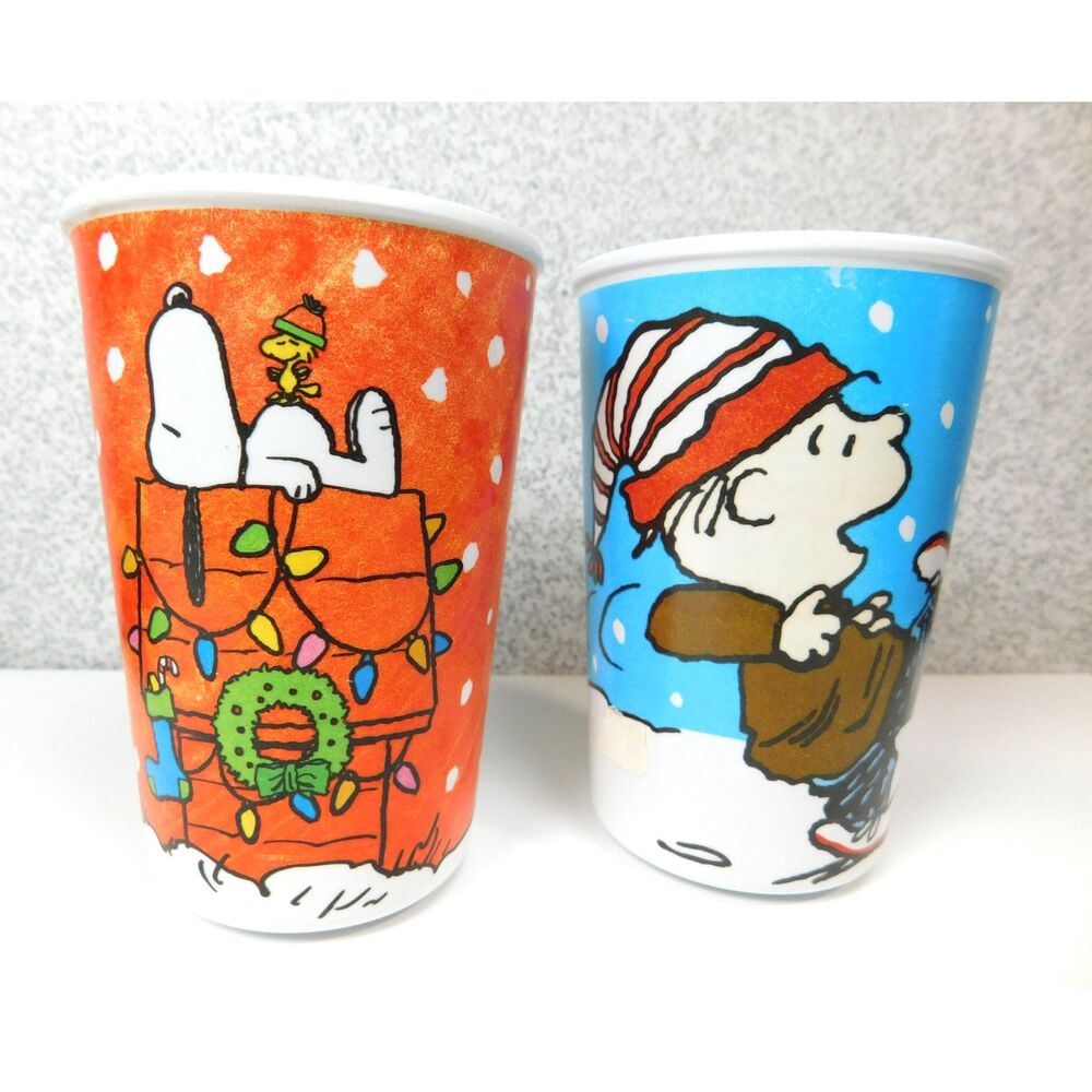 Peanuts Tumblers Cups Snoopy Charlie Brown Christmas Plastic Lot 2 Gibson 2010